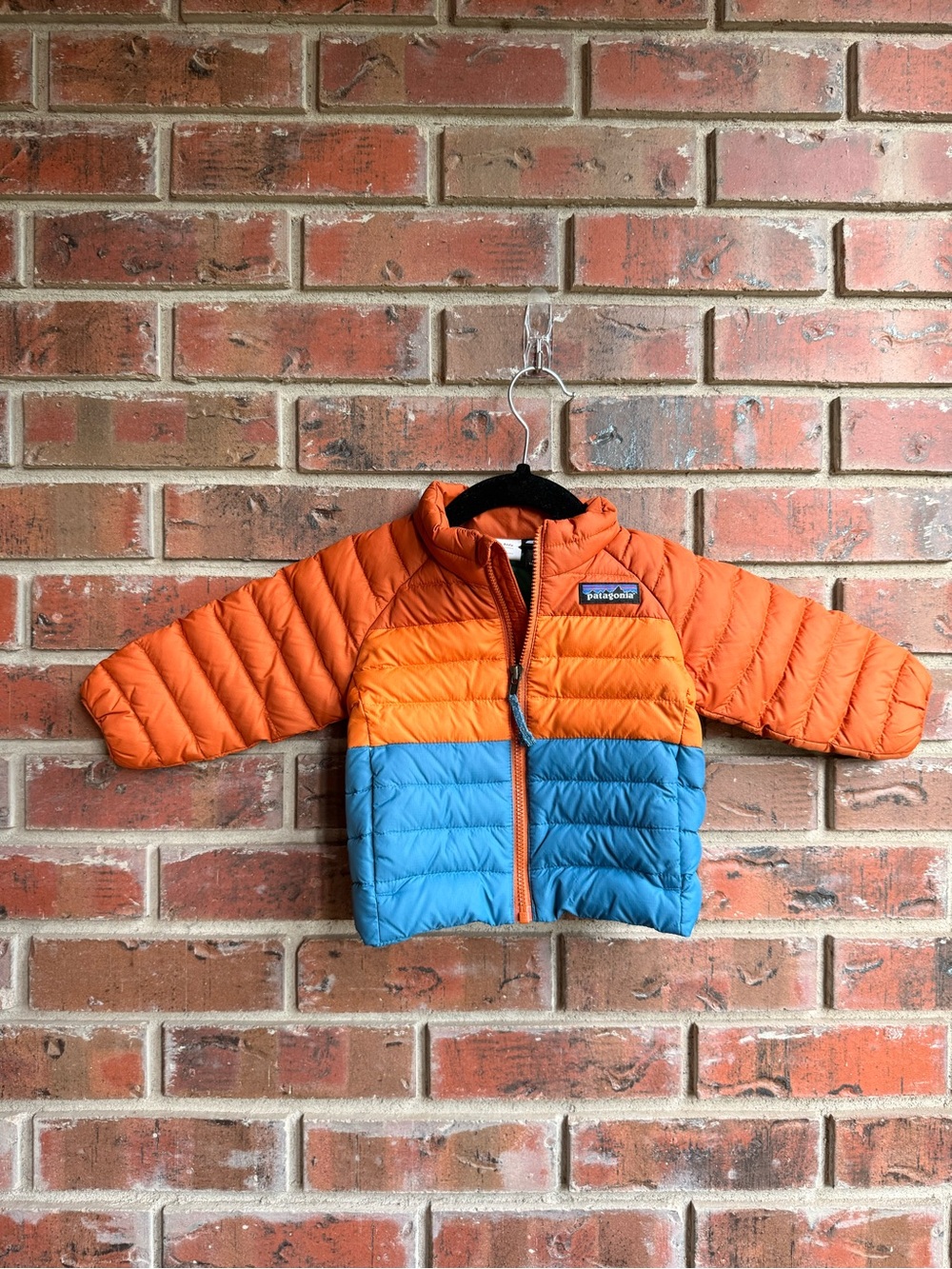 Patagonia Orange and Blue Kids Colorblock Puffer Jacket